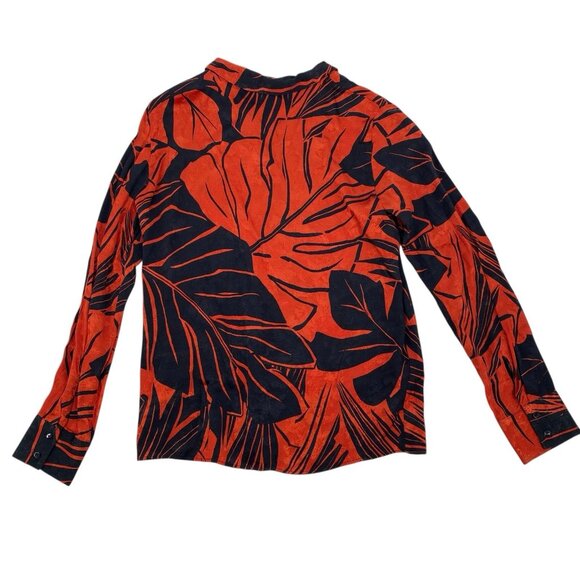 Zara Size Small Leaf Print Collar V-Neck Button Front Long Sleeve Blouse Satin - Picture 2 of 12